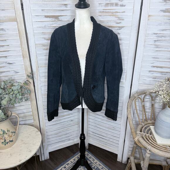 COLDWATER CREEK VINTAGE Women's XL Suede Leather Crochet Knit Trim Jacket Black - Picture 3 of 16